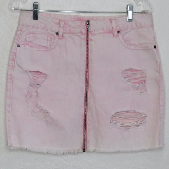 Forever 21* Women's Full Front Zip Multipocketed Stressed Wash Jean Skirt~ Large - Picture 1 of 10